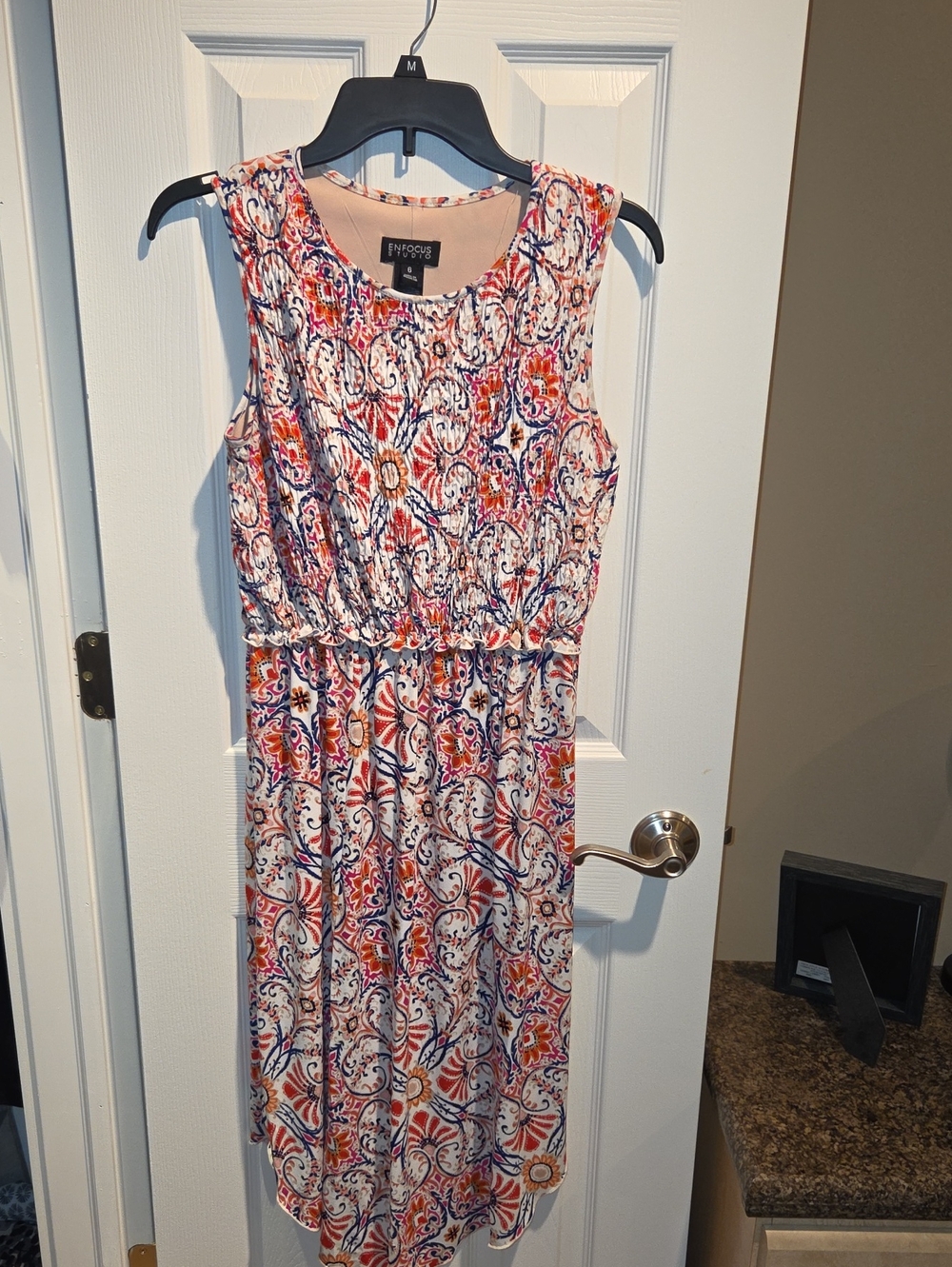 Enfocus Studio Sleeveless Printed Midi Dress in White, Coral and Navy